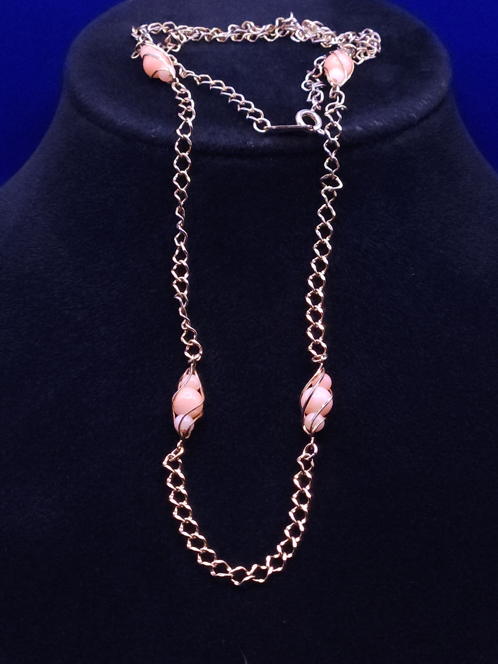 Vintage Avon Gold Tone Costume Caged Faux Coral Beaded Necklace